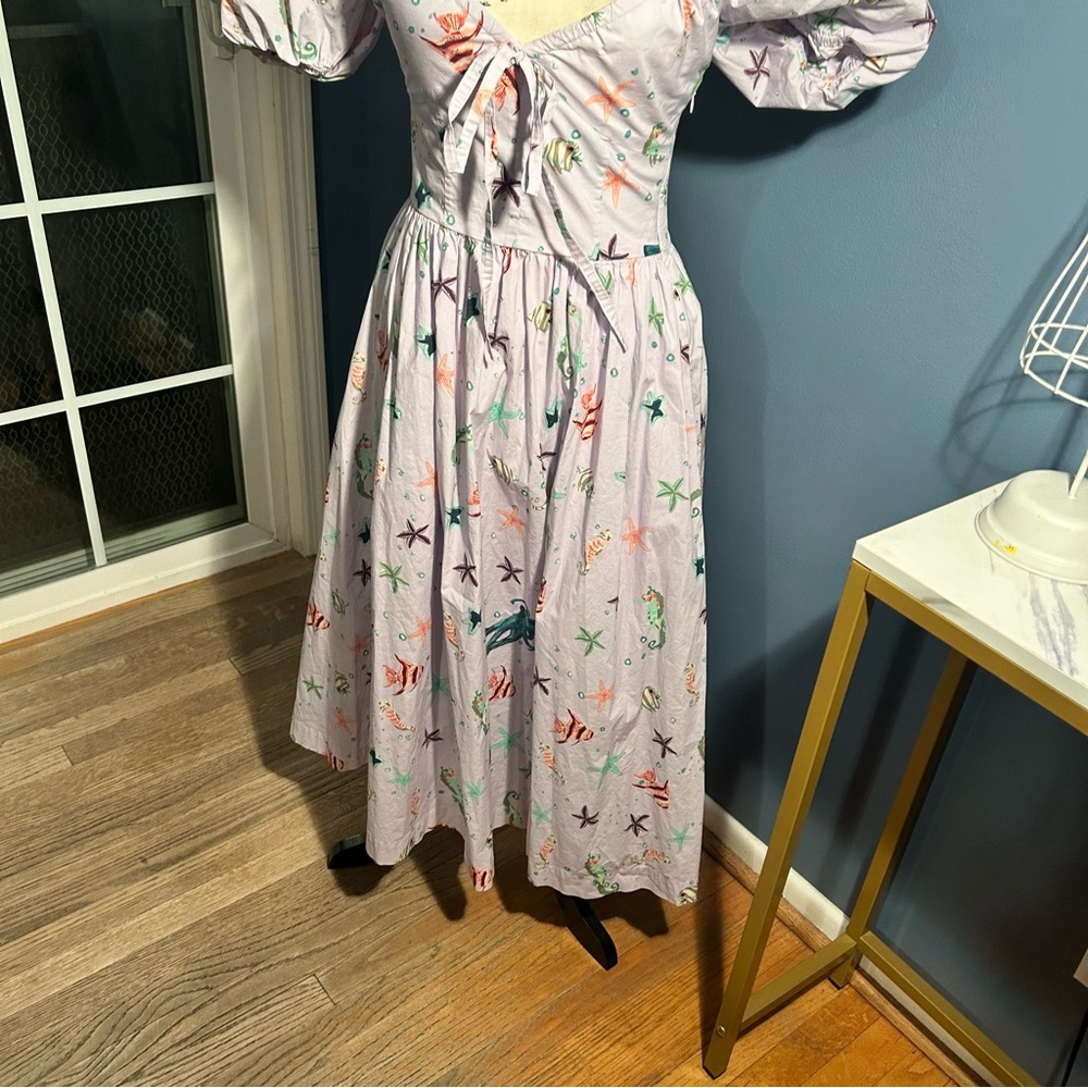 Hill House Sea Creatures Fish Print Puff Sleeve Midi Ophelia Dress - Picture 11 of 14